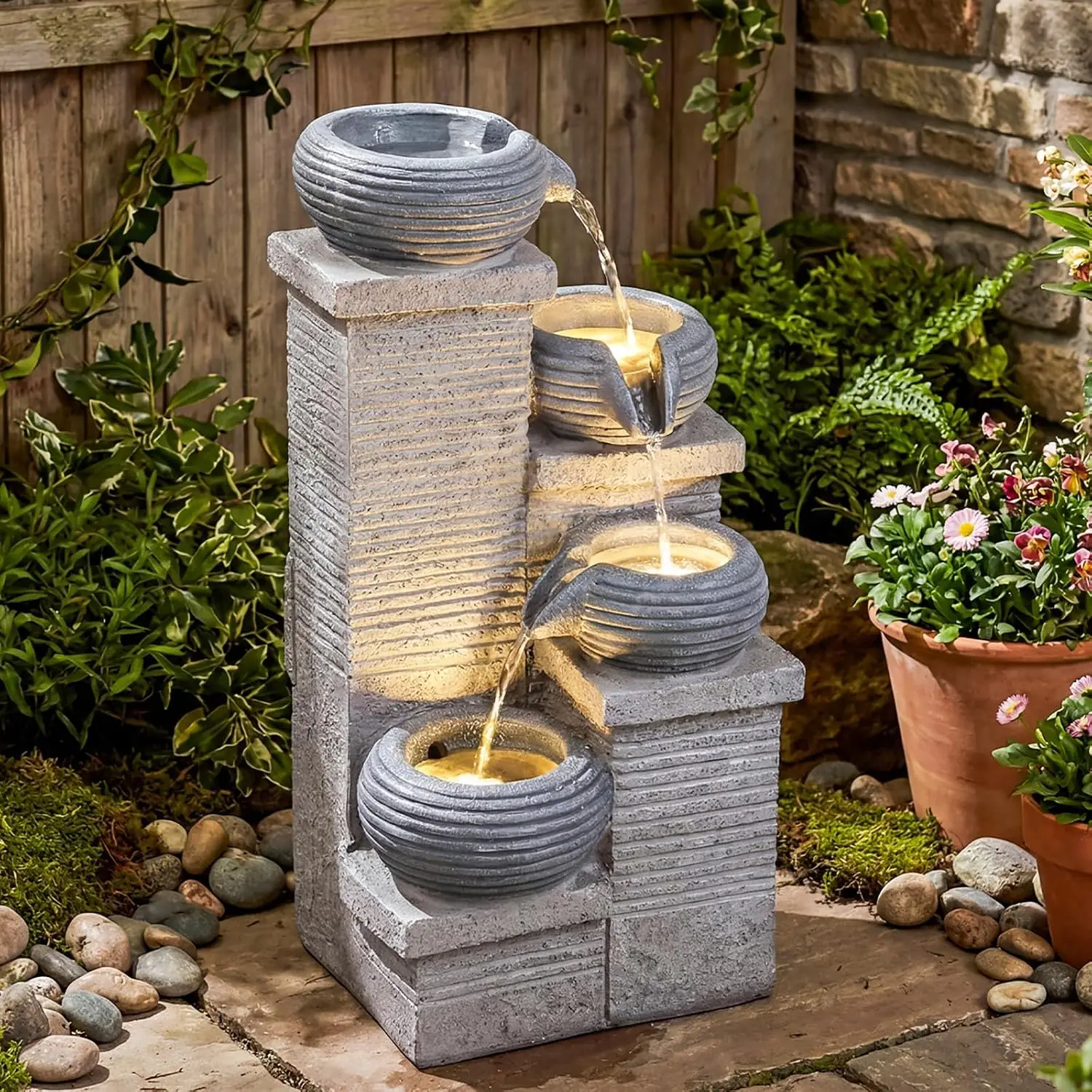 Outdoor Zen Lighting - 4-Tier Water Fountain Outdoor, 23 Inch